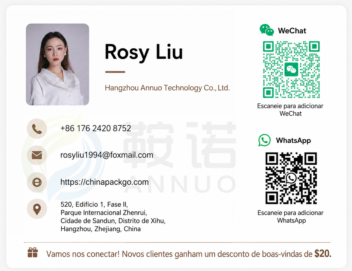 Cartão de visita da Rosy Liu com WeChat, WhatsApp, e-mail, site e endereço da empresa