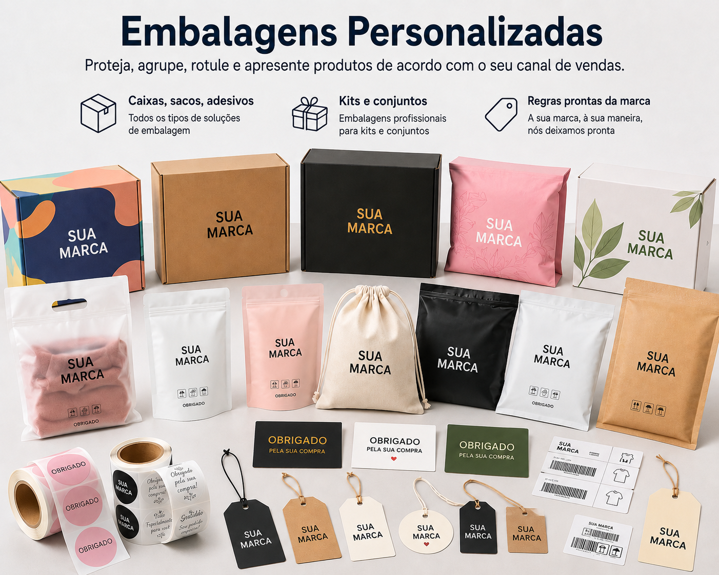 Opções de embalagem personalizada com caixas, sacos, adesivos, etiquetas e embalagem pronta para marca