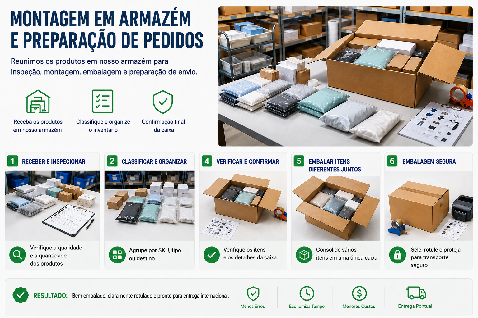Fluxo de montagem em armazém e preparação de pedidos para recebimento, separação, confirmação, embalagem e proteção dos produtos